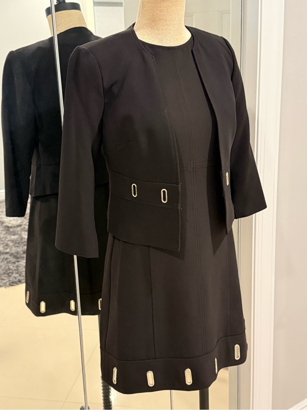 WHBM 2-pc Dress Suit Black With Silver Oval Hardware Dress Sz 2P & Jacket Sz 0